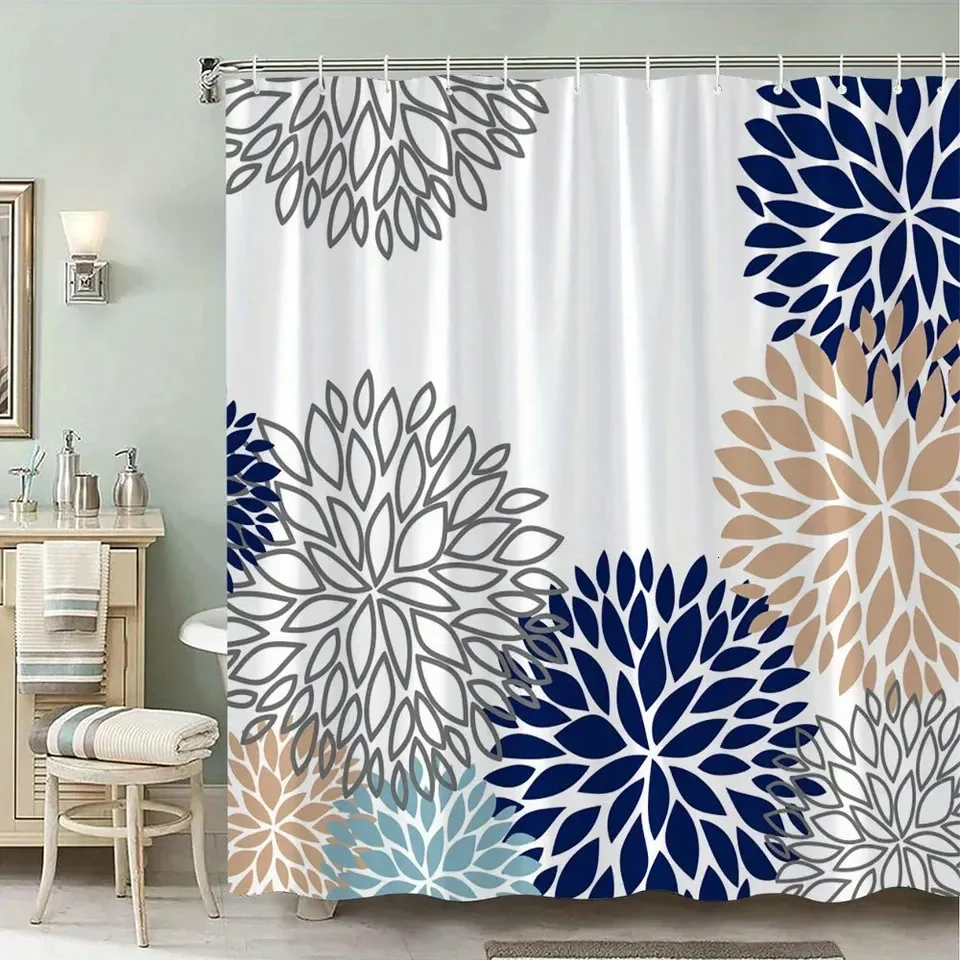 

Multi-Color Dahlia Flower Print Shower Curtain, Modern Floral Design, Waterproof Polyester Bathroom Curtain with Hooks
