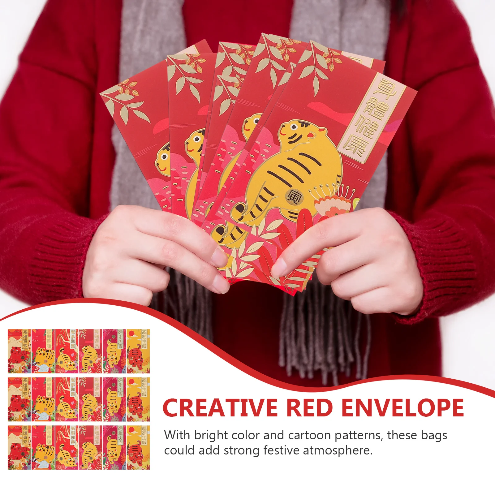 

36Pcs Long Cartoon Red Envelopes Zodiac Tiger Pattern Spring Festival New Year Money Packets Festive Red Packets