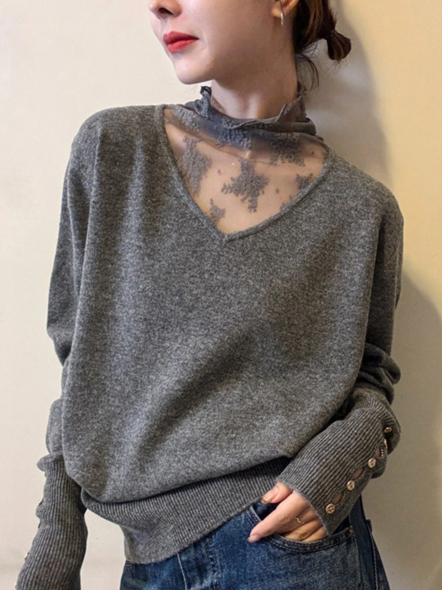   レーススプライスレディースニットウェアロングスベルーズフィット快適な冬のセーターシンプルなスレ韓国版カマーレ