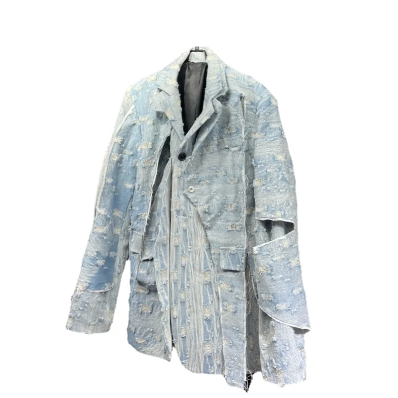 Light Blue Men's Distressed Ragged Washed Ripped Denim Suit Thick 2023 Spring and Autumn New Burr Jacket Jacket