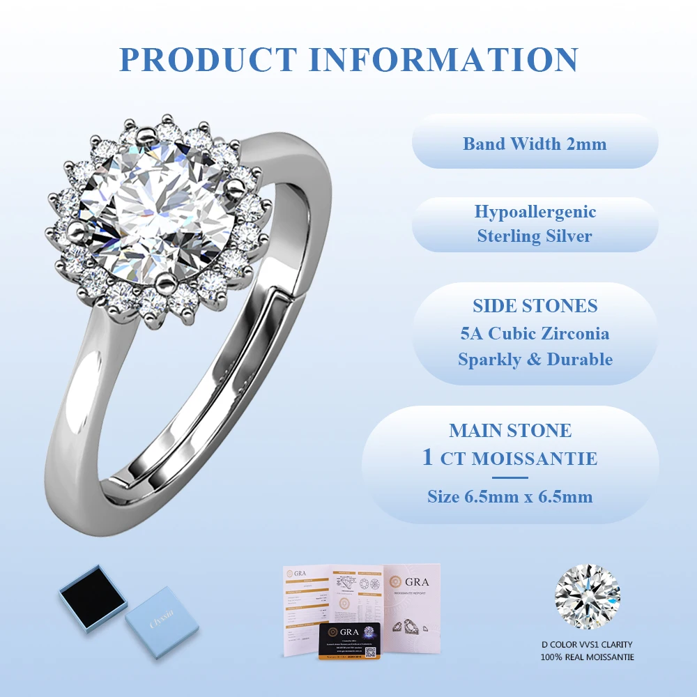 

Moissanite Halo Lab Created Diamond Ring Eternity Wedding Party Jewelry 925 Sterling Silver Elegant Design with GRA Certified