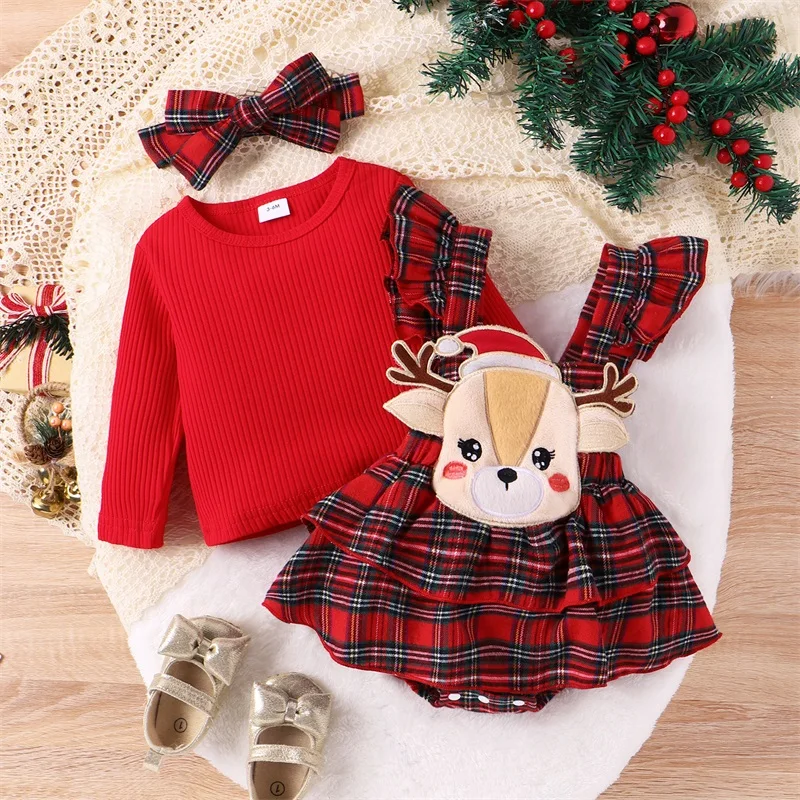 Baby Girl Magenta Three Piece Short Skirt Long Sleeved Ribbed Pit Stripe Top Flying Sleeve Plaid Deer Strap Dress Headband Set