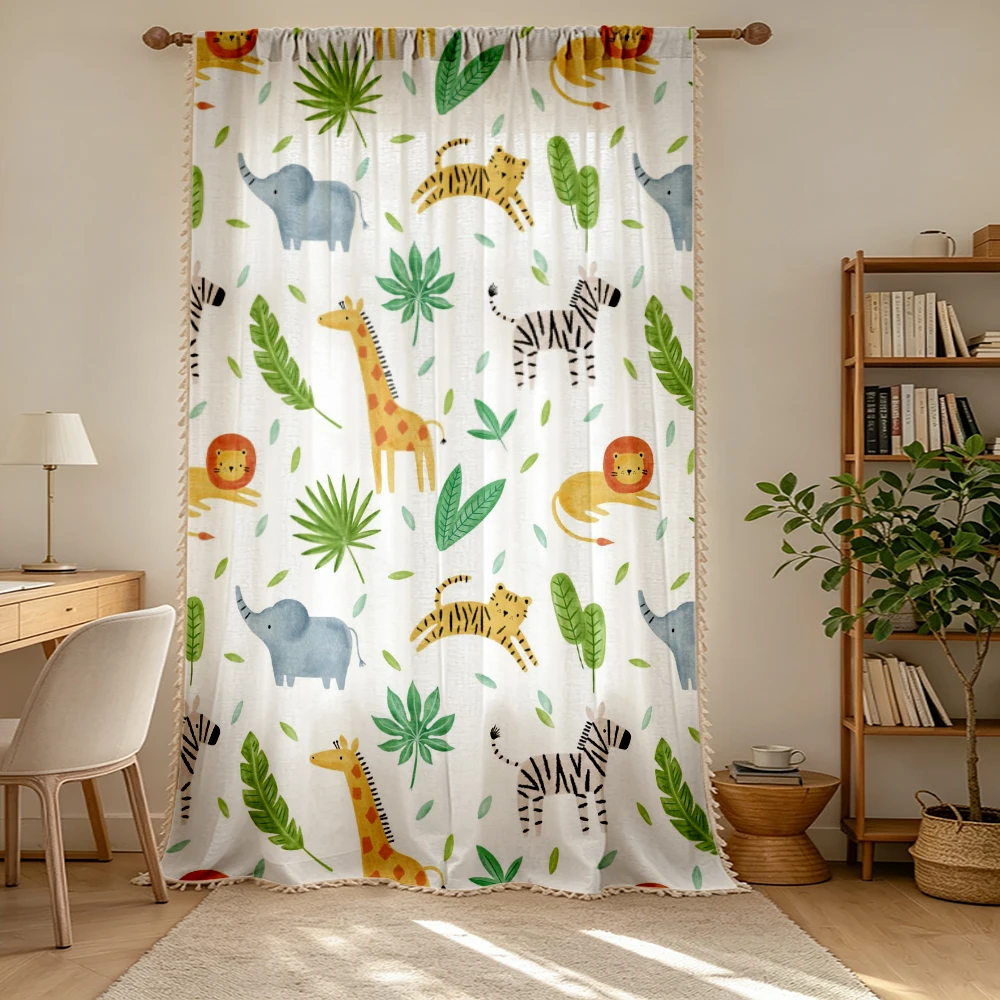 1PC Cartoon Tassel Sheer Curtains, Jungle Animal Lion Giraffe, Digital Print, Linen Polyester, Bedroom Kids Room, Home Decor