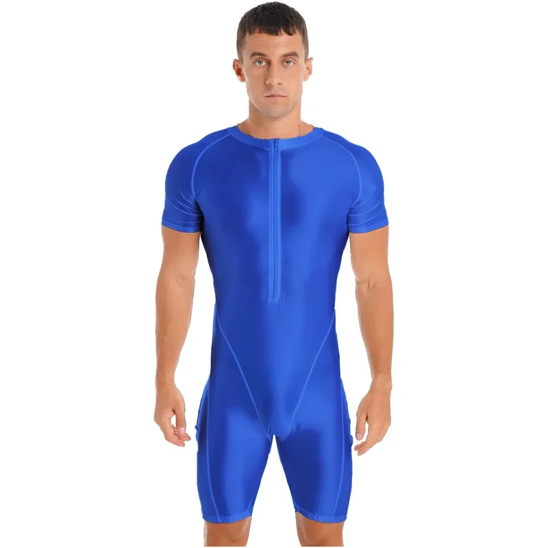 Men Glossy Swimsuit Short Sleeve Zipper Jumpsuit Solid Color Bodysuit Surfing Swimwear Beachwear Gym Fitness Sportwear