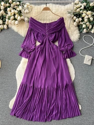 French Elegant Long Dress Women Spring Summer Long Sleeved Mesh Pleated Beach Dresses Ladies Slim A-line V-neck Party Long Robe