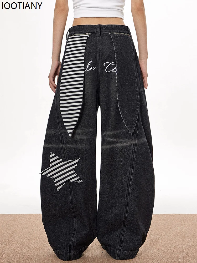 American Retro Jeans Five-pointed Star Rabbit Ears Hip-hop Loose Wide-leg Jeans Women's Slim Trend Y2k All-match Mopping Pants