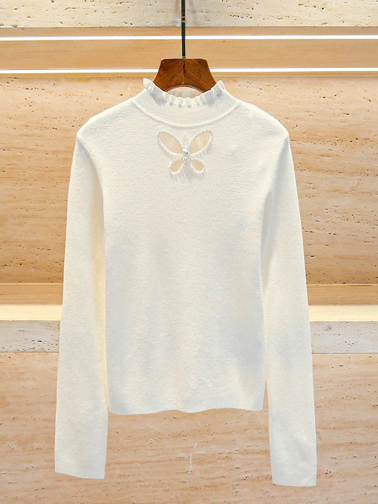 

Элегантный зимний вязаный топ с высоким воротником, украшенный бисером и мехом, для женщин, модный, для повседневной носки, стандартный крой