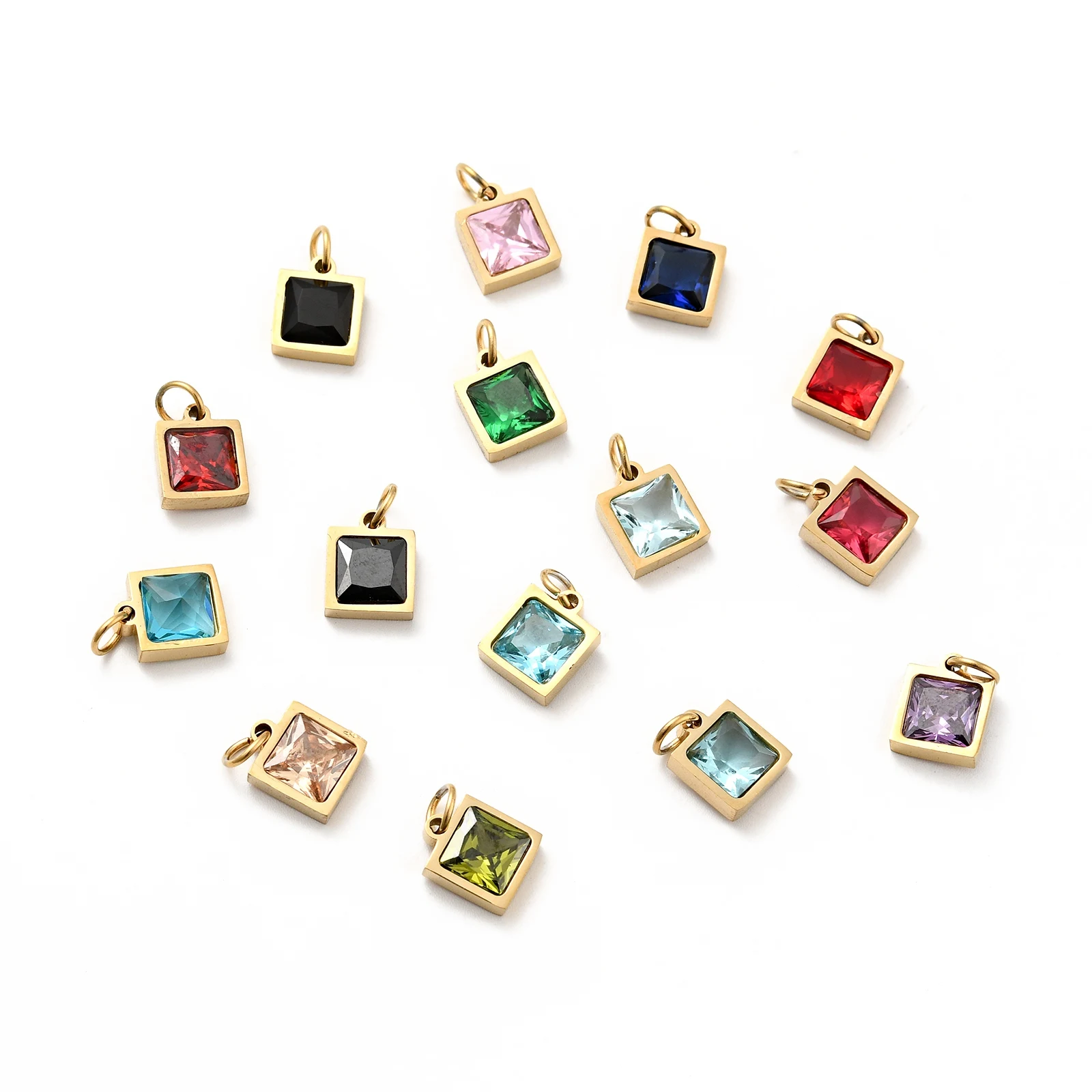 20pcs Mini 304 Stainless Steel Pendants Charms with Cubic Zirconia Jump Ring Square Heart Oval for DIY Bracelet Keychain Jewelry