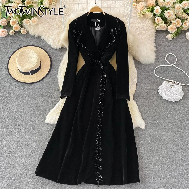 TWOTWINSTYLE Solid Elegant Dress For Women Lapel Long Sleeve High Waist Spliced Tassel Casual Dresses Female Fashion KDR517873