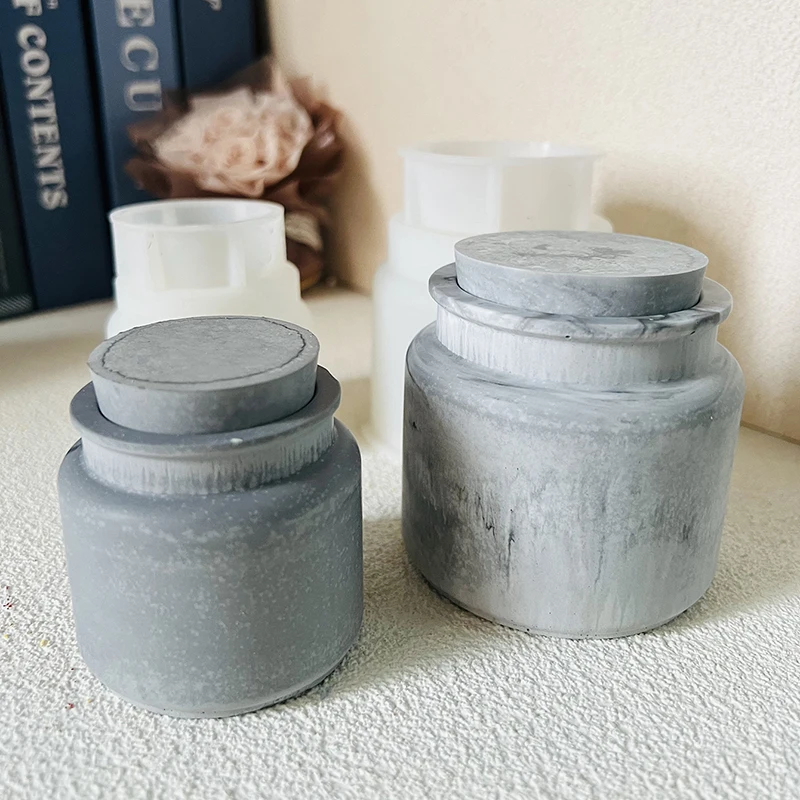 Cement Candle Jar Silicone Mold With Lid DIY Round Plant Pot Candle Vessel Storage Box Vase Mould Plaster Resin Molds Home Decor