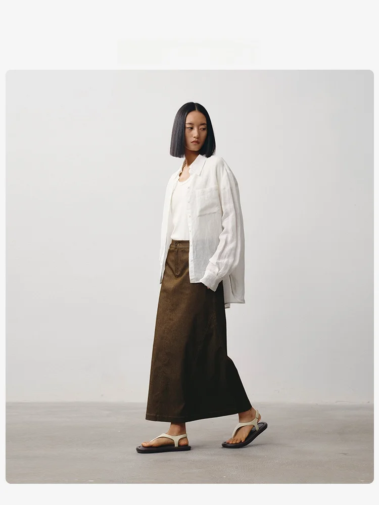 

MOORING Vintage Straight Leg H-Shape Design Denim Skirt Cotton Polyester Blend Elastic Waist Spring 2024 Collection