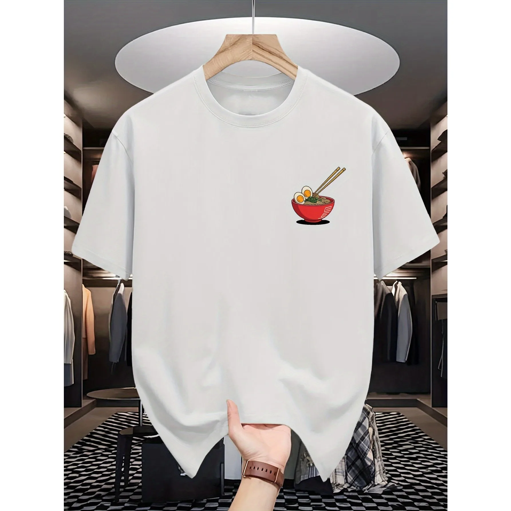 Summer Men's Fun Ramen Pattern T-Shirt with Japanese Cuisine Print 100% Cotton Loose Short-Sleeved Casual Shirt Outdoor Comfort