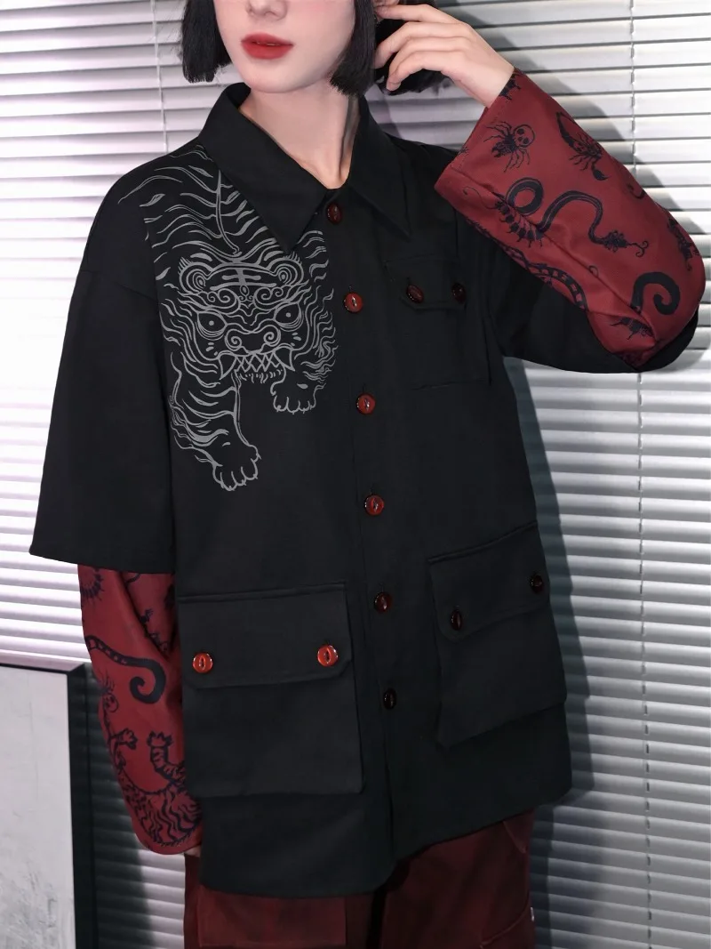 Veste faux deux pièces à manches imprimées en Patchwork de Style chinois pour femmes, manteau chemise à simple boutonnage au Design Unique, vêtements d'extérieur, nouvelle collection