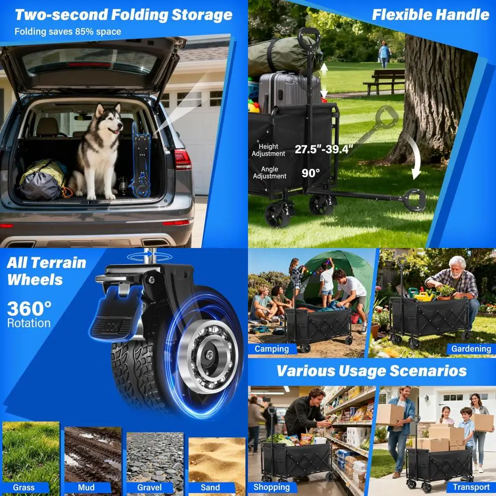 عربة أدوات قابلة للطي، سعة 500 رطل، مقبض قابل للتعديل، محمولة للاستخدام في الهواء الطلق والتسوق والتخزين
