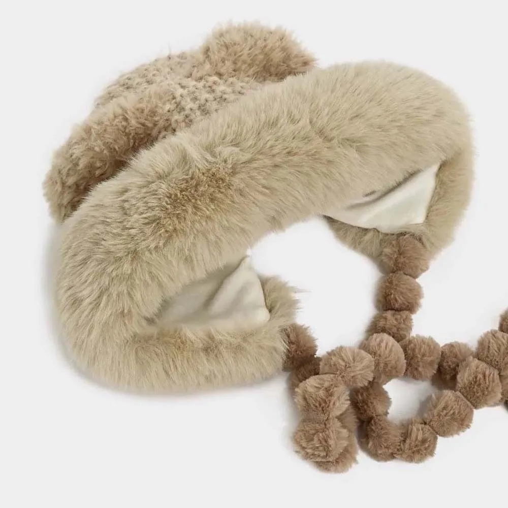 Fleece Lined Pompom Braids Hat Fur Brim Striped Knit Fur Trim Trapper Soft Yarn Windproof Fleece Knit Beanie Girls