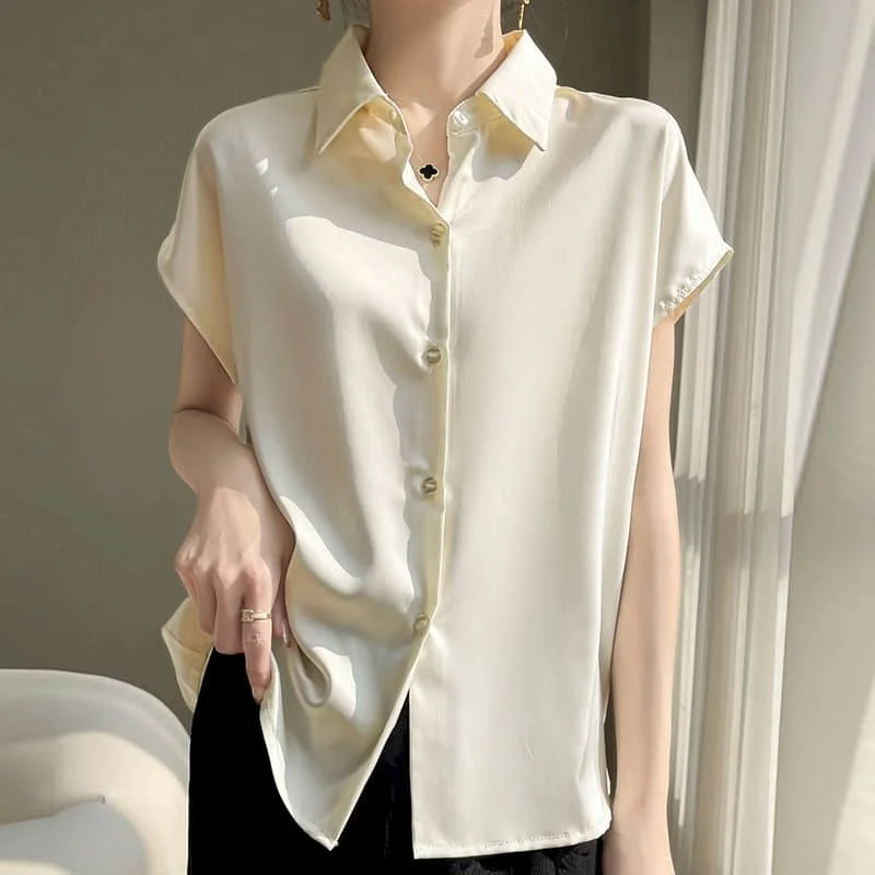 

Satin Silk Shirts for Women Vintage Solid Polo-neck Short Sleeve Casual Korean Style Single Breasted Blouse Women Office Tops