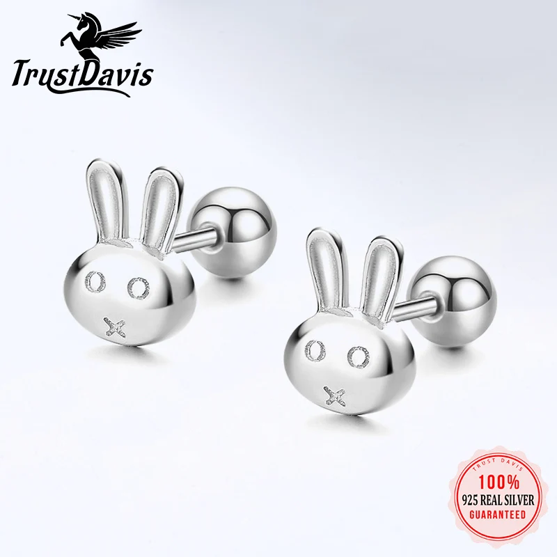 TrustDavis Real 925 Sterling Silver Sweet Rabbit Year Wish Gift Earrings for Daughter Children Birthday Gift Jewelry DS3583