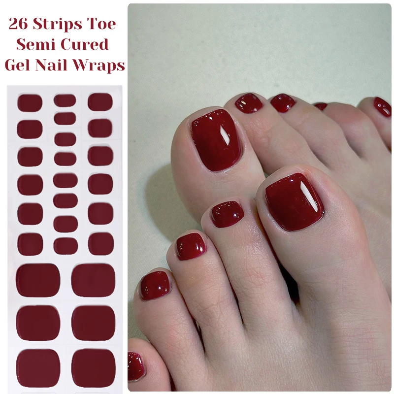 

26strips Toe Semi Cured Gel Nail Strips Nude Red Gel Nail Stickers Pink Blue French Gel Nail Wraps Gel Polish Stickers Nail Art