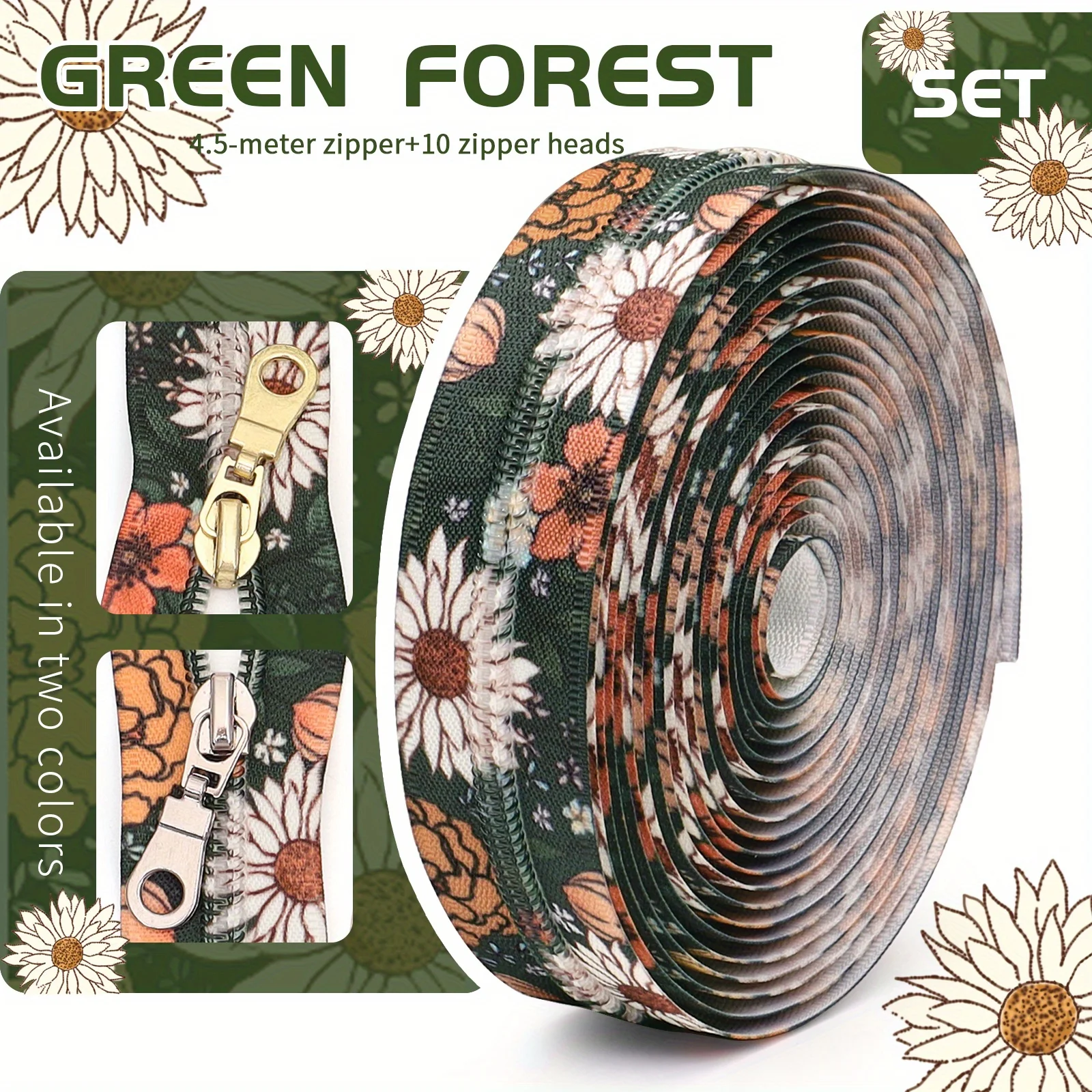 1 set of -4.5m zipper + 10 zipper heads, 5 #zipper set, jungle flower elements, with 10 zipper heads