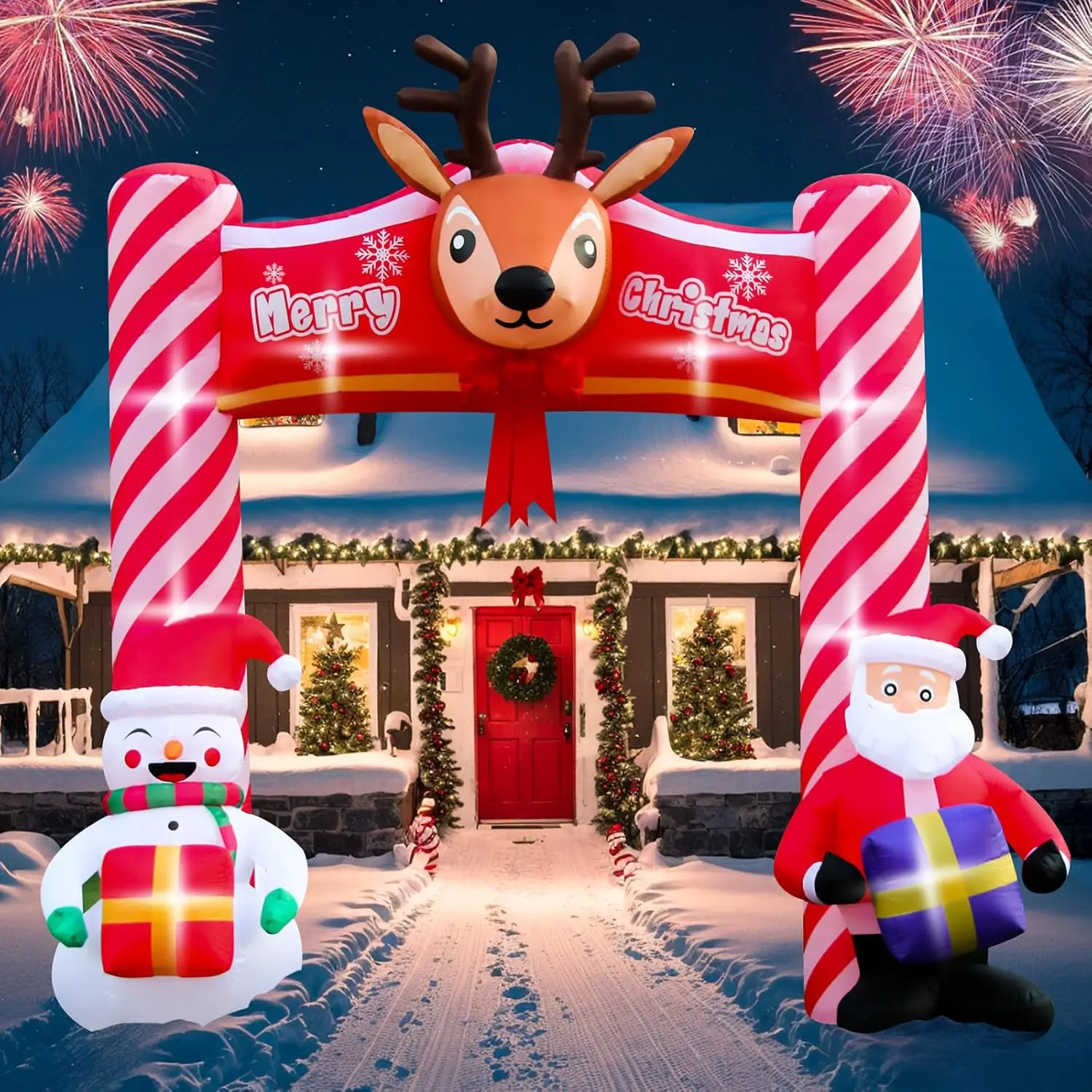 10FT Christmas Inflatables Archway Outdoor Decoration, Blow Up Yard Candy Arch Inflatable with Santa Claus, Snowman, Reindeer, B