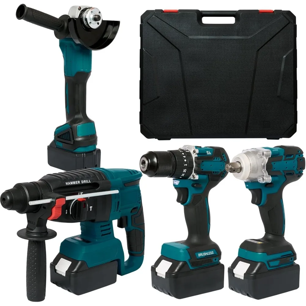 

4 Sets Cordless Tools Combo Kit Set Drill and Impact Driver Combo High Torque Electric Tools Kit Hammer/Angle Grinder/Impact Wr