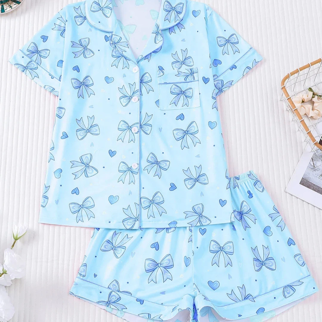 

Women's Pajama with Bow Print Blue Lapel Short Sleeve Short Pants Trousers Loungewear Home Wear Set Clothes Valentine's Day Gift