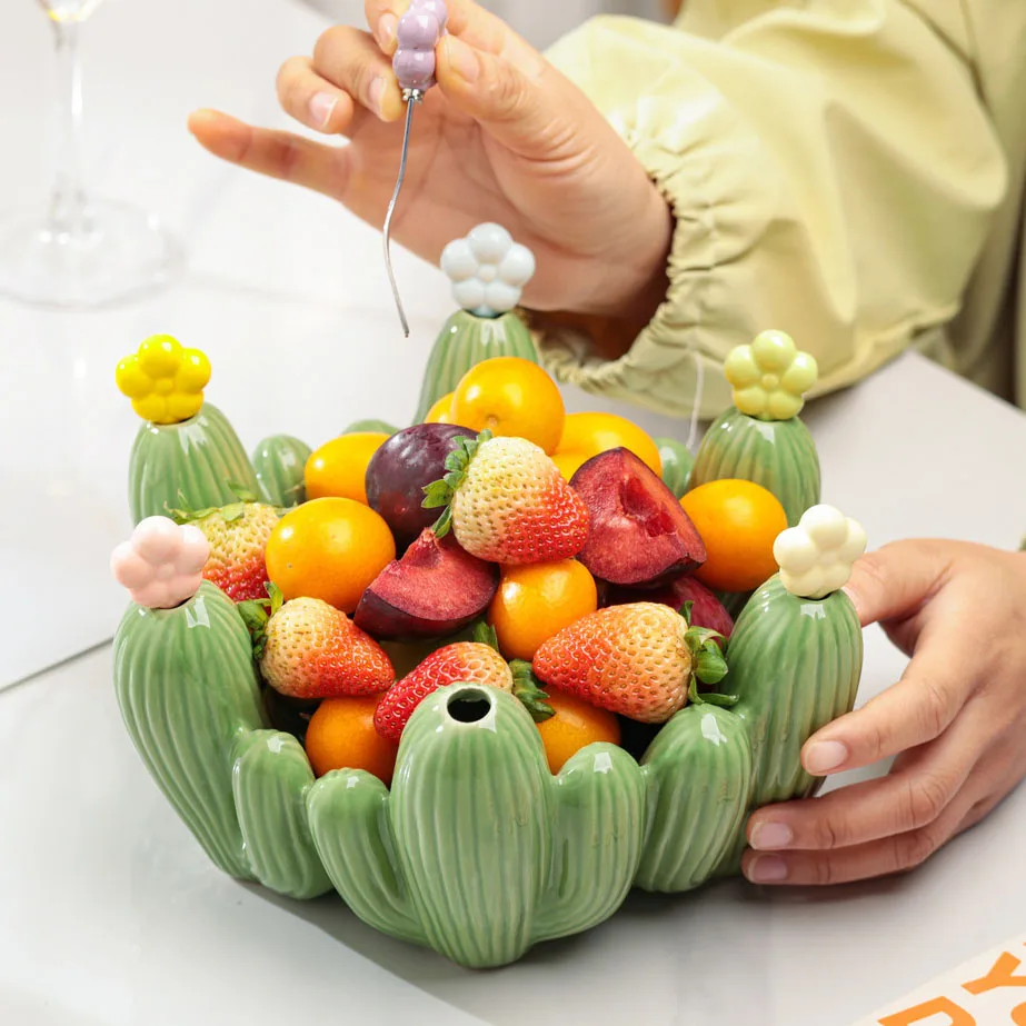 Cactus Style Large Capacity Fruit Platter High Temperature Fired Ceramics Stainless Steel Fruit Fork Dining Table Decoration