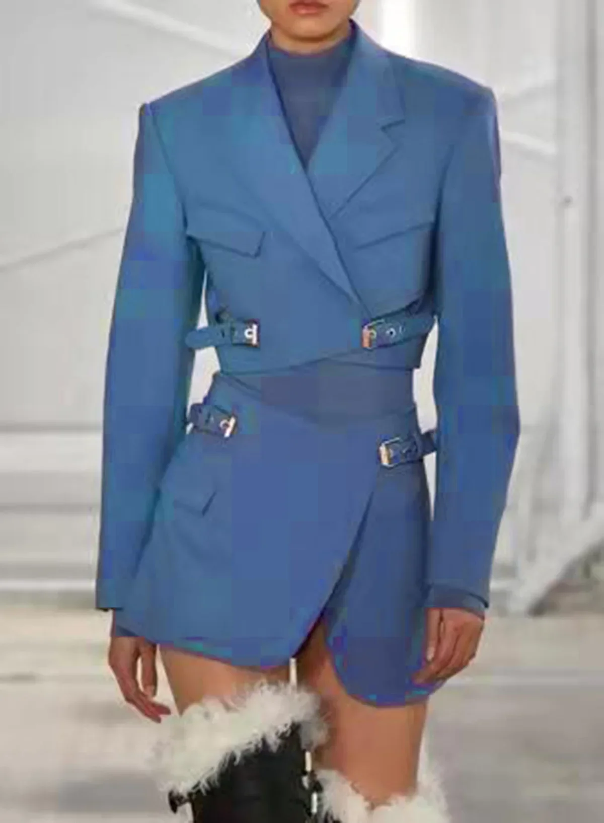 Costume Blazer Long Bleu Sexy pour Femme, 1 Pièce, Jupe Ajourée, Tenue de Bureau, de Travail, à la Mode, Manteau, Veste, Robe de Bal