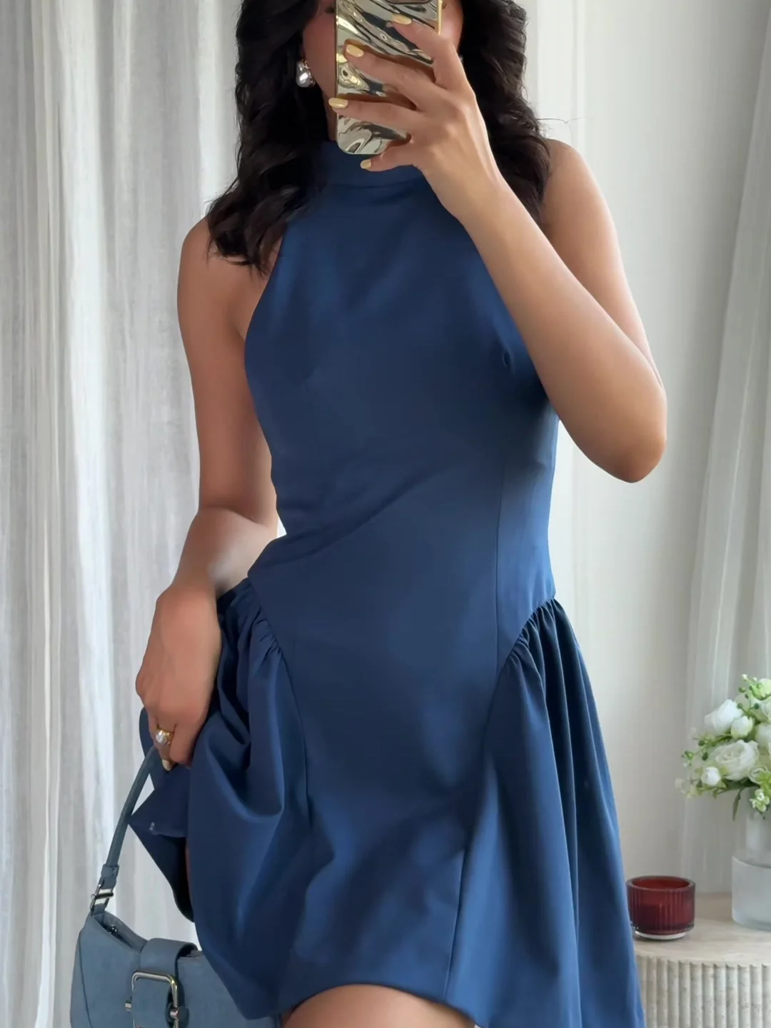 

Chic Modern Solid Elegant Woman Dress Pleated Sleeveless Neck-mounted Blue Dress Fashion 2025 Party Elegant Mini Vestidos