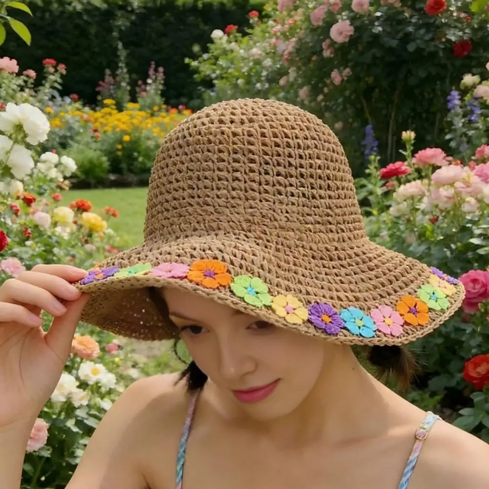 

Beach Hat Hollow Design Large Eaves UV Blocking Colorful Flower Decoration Sun Protection Hat Portable Wide Brim Sun Straw Hat