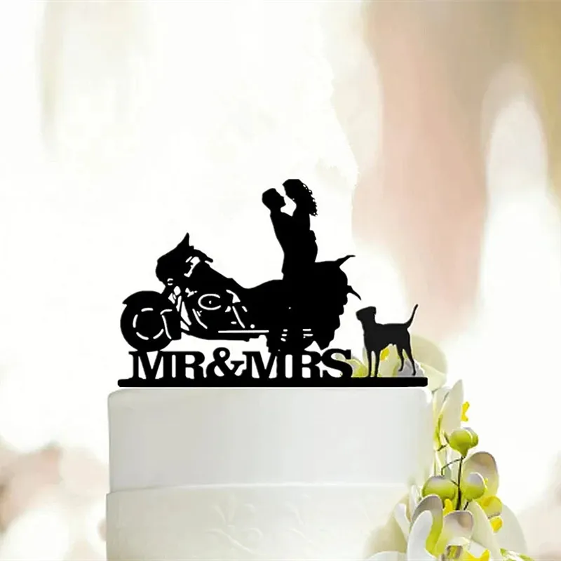 Motorcycle Style Wedding Cake  Topper Bride and Groom With Pet  Cake Toppers Wedding/Anniversary/Bridal Shower Party Decor