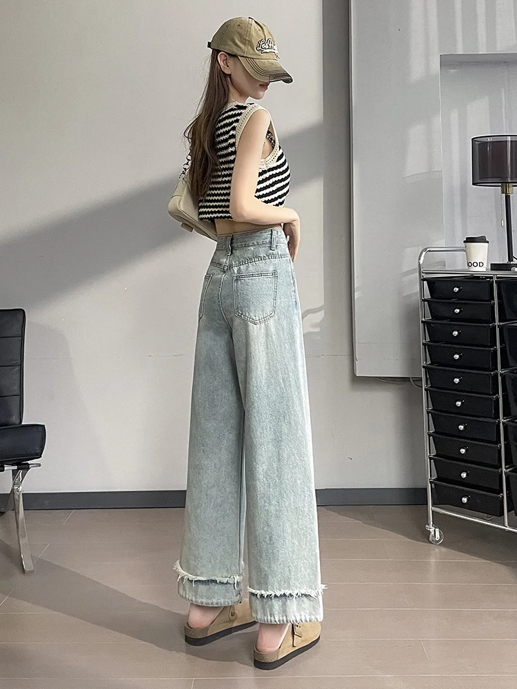 Jean d'été pour femmes, jambes larges, ample, longueur cheville, pantalon, mode coréenne, Streetwear, délavé, couleur bleue, Wh7, 2024