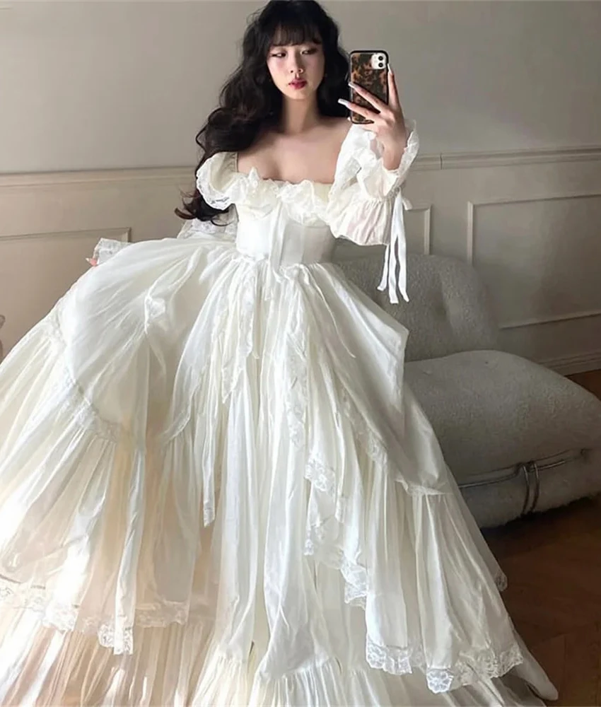 

MCDV Customized Graceful Jersey A-Line Lace Bow Evening Dress High Quality Square Neck Long Sleeves Floor Length Prom Gowns