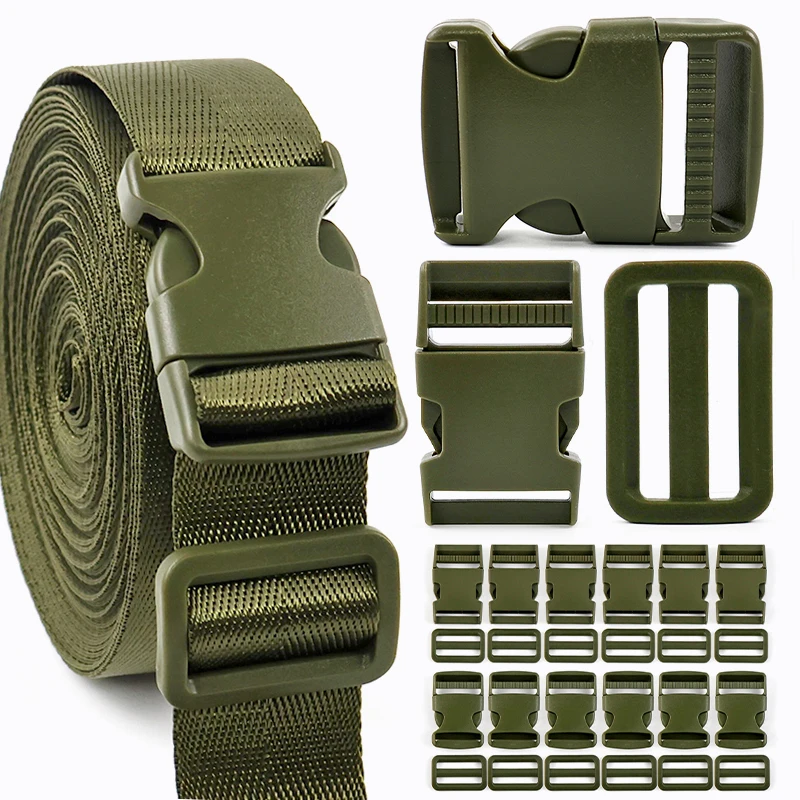 1-5 مجموعات Armygreen حزام Fastex مشبك 25/32/38 مللي متر حزام البلاستيك الجانب الإصدار أبازيم ثلاثي الإنزلاق ضبط Carabiners كليب للحقائب