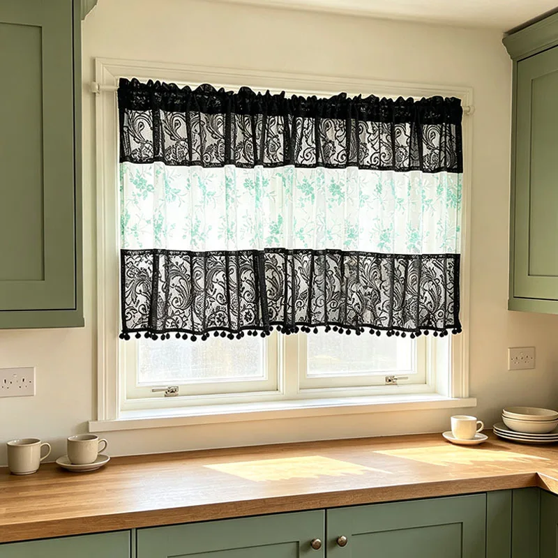 1pc Black Paisley Feather Lace Spliced Cafe Curtain, Mint Green Floral Mesh Embroidered Half Curtain with Pom Pom Fringe