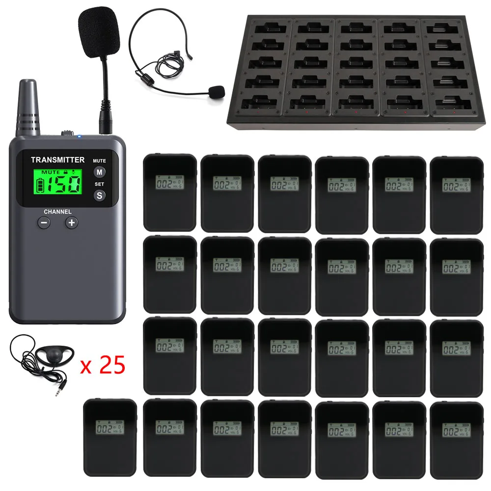 

Wireless Whisper Tour Audio Guide System 1 Transmitter 25 Receivers 1 Charger with Earphones for Simultaneous Interpretation