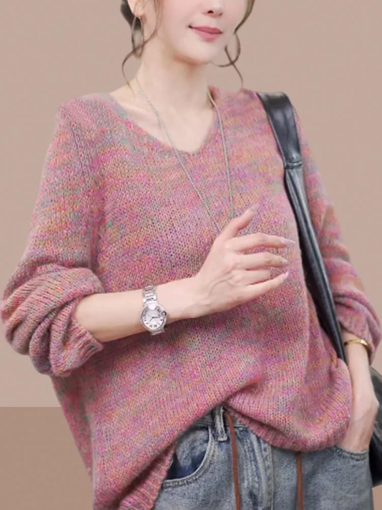 

Мягкий вязаный свитер женский с V-образным вырезом, длинными рукавами, свободного кроя, повседневный, весна-осень, новинка, элегантный модный топ