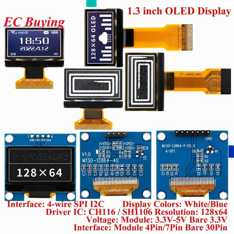 1.3 inch OLED Module 1.3” Display LCD Bare Screen Resolution 12864 128x64 SH1106 CH1116 Driver IIC SPI Blue White 4Pin/7Pin 30P