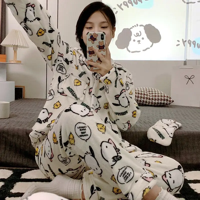 

Pochacco Women's 2025 Plush Thermal Flannel Pajama Set Fall Winter Cozy Warm Long Sleeve Home Loungewear Outfit