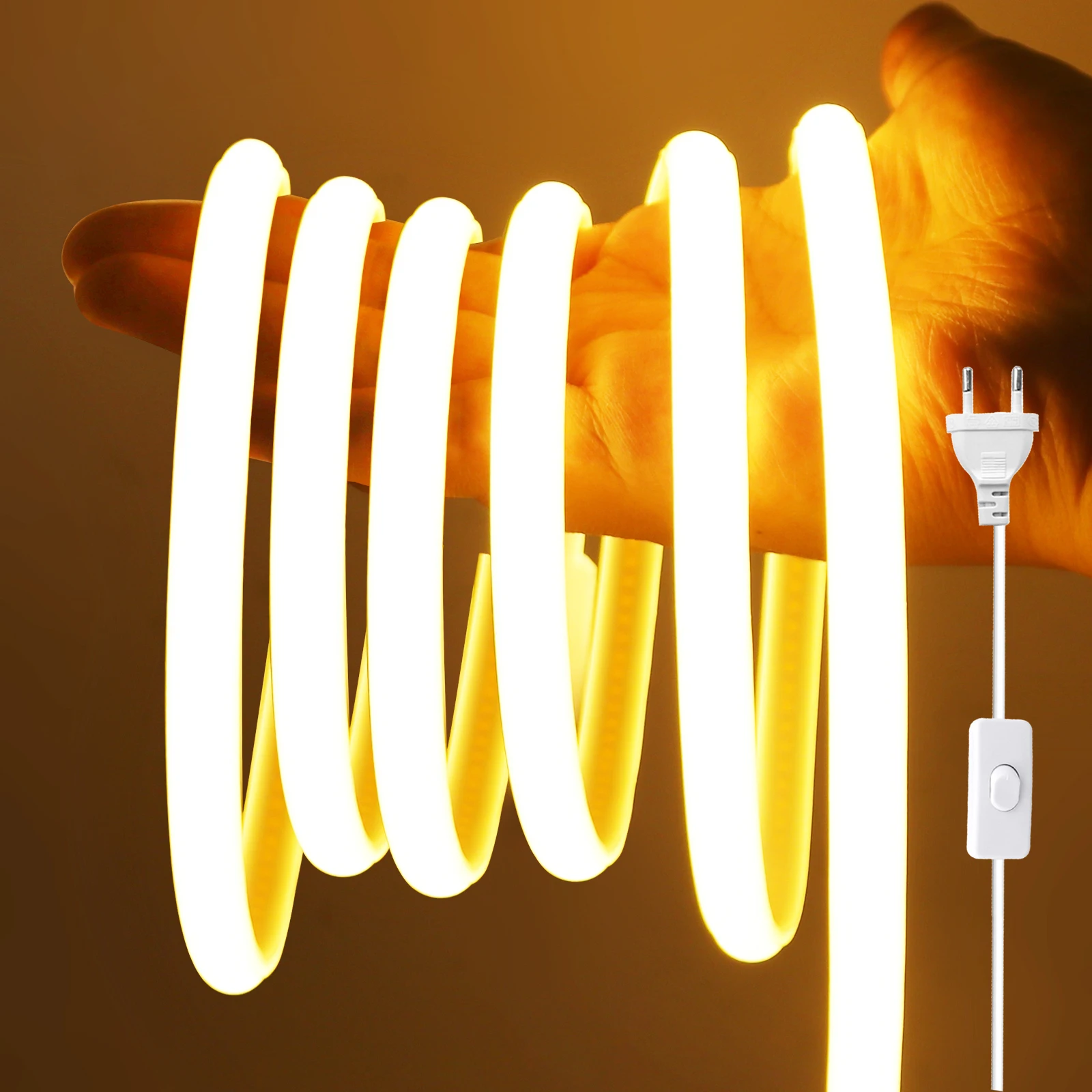 AC 220 V COB-Streifen mit EIN/AUS-Schalter, weiß, 3000 K, 4000 K, 6000 K, IP65, wasserdicht, Heimdekoration, flexibles Band, LED-Neonlicht, 1 m–35 m