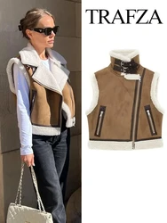 TRAFZA 2024 Winter Women's Fashion Thickened Warm Zipper Vest Jacket Imitation Leather Lamb Wool Patchwork Women's Slim Vest Y2K