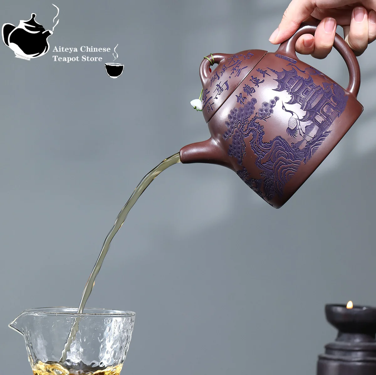 Yixing Purple clay teapot, original ore, red mud, mountains and rivers, crane shadows, tea set, Chinese teapot, large capacity