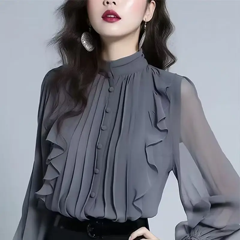 

Women Spring/Autumn New Fashion Ruffle French Long Sleeve Top Chiffon Stand Collar Blouse