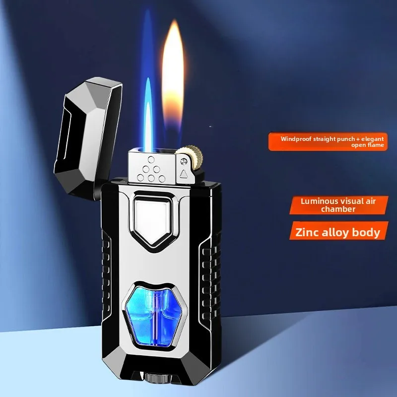 Metal One-machine Double-fire Cool Blue Light Visible Gas Chamber High-value Windproof Lighter, Blue Flame + Open Flame
