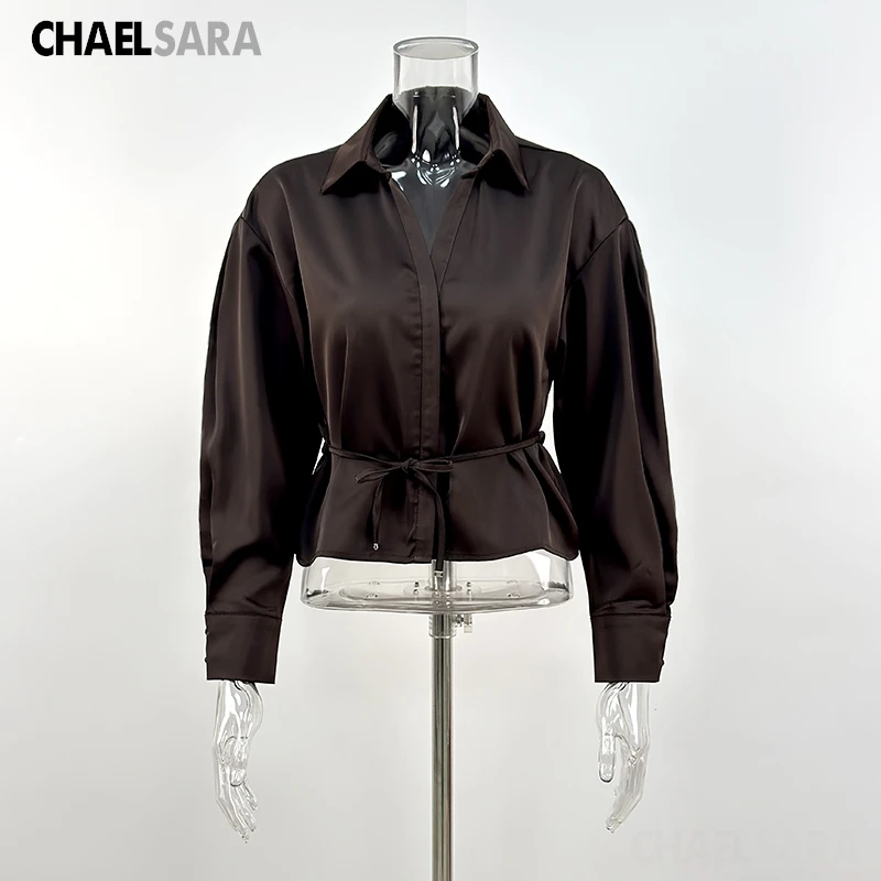 Women's Satin Belted Long Sleeve Blouse - Elegant Office Top