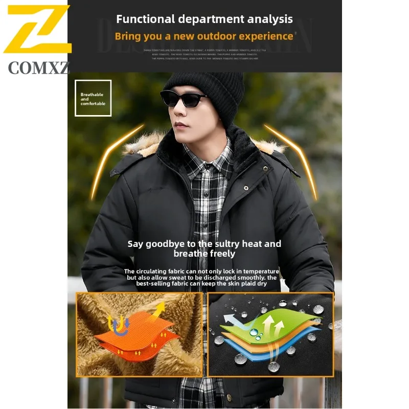 سترة شتوية بغطاء للرأس للرجال مع زخرفة من الفرو وبطانة من الصوف السميك مقاومة للماء ومضادة للرياح معطف حراري فضفاض مناسب للخروج سترة غير رسمية #6