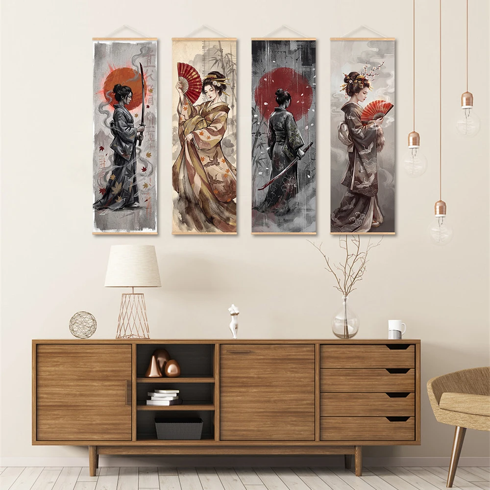 Japanese Samurai Sakuran Ukiyoe Scroll Painting Canvas Print Wall Art Poster Geisha Pictures Aesthetic Living Room Office Decor