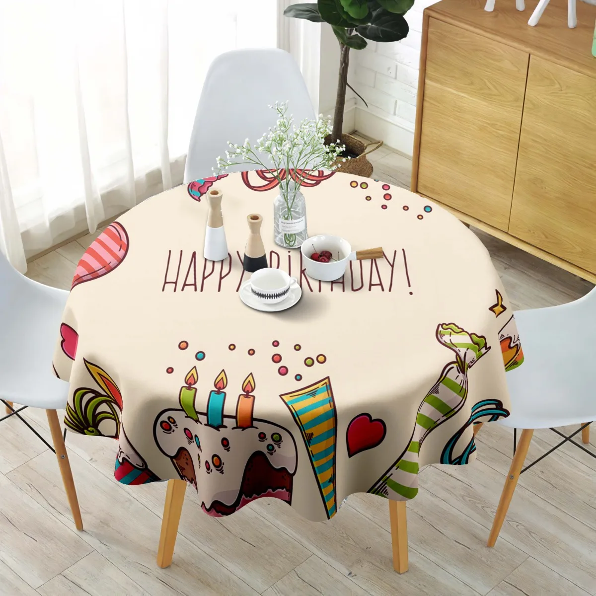 A round rectangular polyester tablecloth printed with birthday party-themed patterns