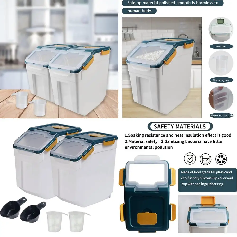 

Пластиковый контейнер для хранения зерна объемом 25 фунтов с крышкой, диспенсер для рисовых хлопьев, контейнер для корма для домашних животных, мерный стакан, совок, колеса, 2 шт. синий