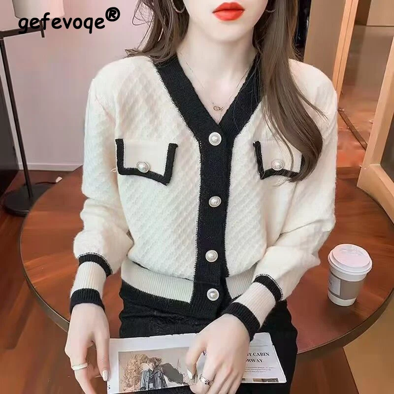 

Women Korean Style Contrast Color Sweet Kawaii Chic Button Knitted Cardigan Casual V Neck Long Sleeve Loose Elegant Sweater Coat